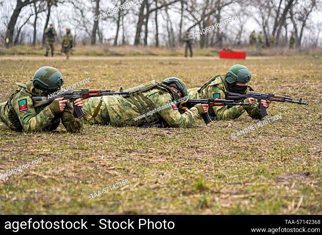 RUSSIA, ZAPOROZHYE REGION - FEBRUARY 1, 2023: Turkish men receive combat training at a firing range as part of Sudoplatov Volunteer Battalion