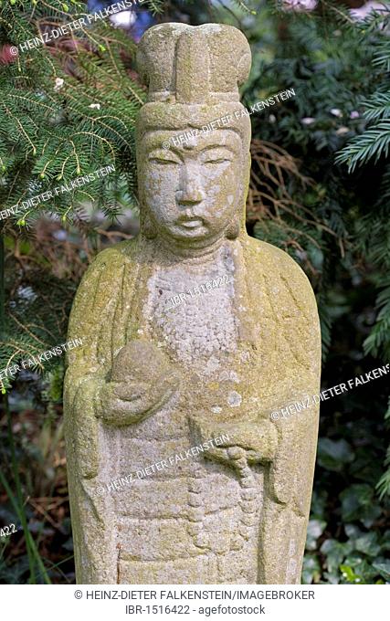 Statue in the Japanese Garden of the Bayer AG, Leverkusen, North Rhine-Westphalia, Germany, Europe