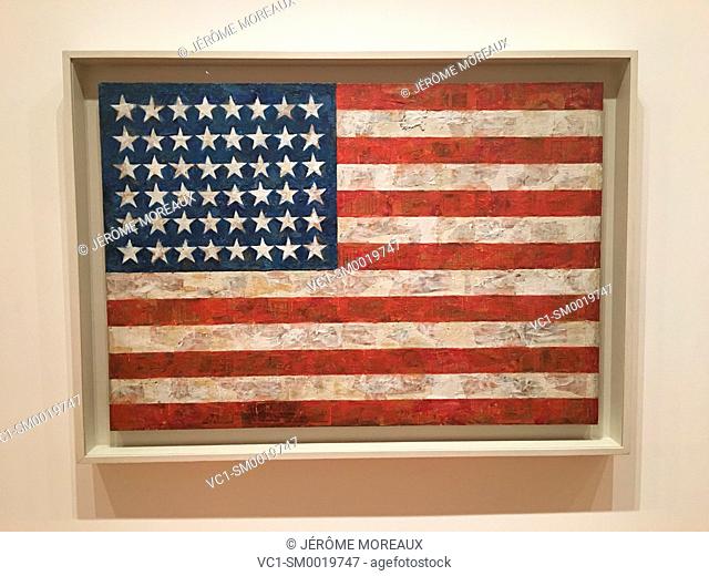 Flag, Jasper Johns, 1954, Encaustic, oil and collage mounted on plywood, three panels, Museum of Modern Art, New York city