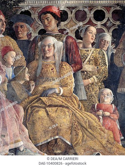 Barbara of Brandenburg with her daughter Paula and Rodolfo Gonzaga, detail from the Court Wall, 1465-1474, by Andrea Mantegna (1431-1606), fresco