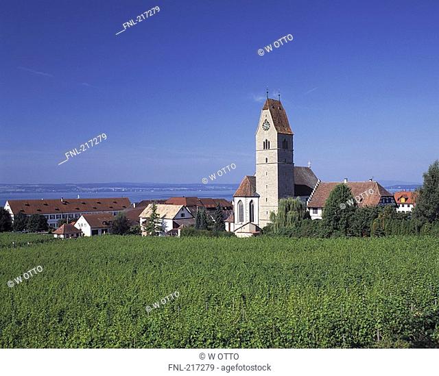 Cathedral in village against blue sky, Bodensee, Baden-Wurttemberg, Germany