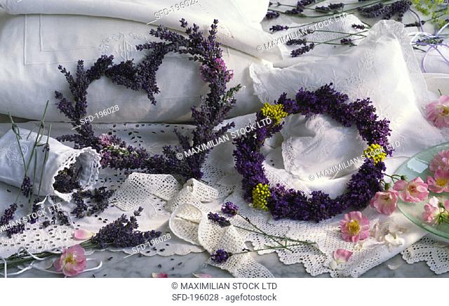 Fragrant lavender tied into a wreath and a heart