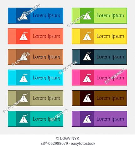 active erupting volcano icon sign. Set of twelve rectangular, colorful, beautiful, high-quality buttons for the site. Vector illustration