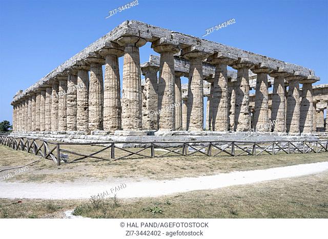 view from south east of Hera Doric temple, shot in bright summer light at Paestum, Salerno, Campania, Italy