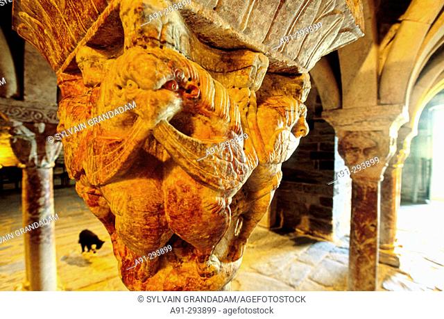 Detail of capitals at interior of Serrabone priory, built 11th century. Pyrenees-Orientales. Languedoc Roussillon. France