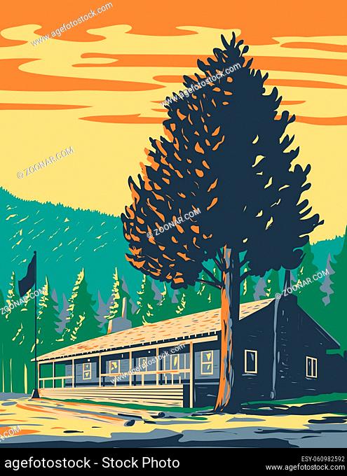 WPA poster art of Roosevelt Lodge Cabins located in the Tower-Roosevelt area in Yellowstone National Park, Wyoming USA done in works project administration...