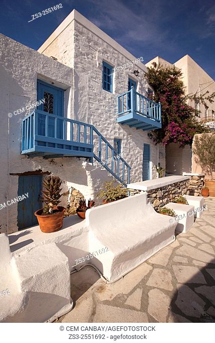 Narrow streets and whitewashed houses with colorful balconies in Ano Syros, Syros Island, Cyclades Islands, Greek Islands, Greece, Europe