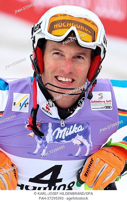 Fritz Dopfer of Germany reacts after the first run of the men's slalom at the Alpine Skiing World Championships in Schladming, Austria, 17 February 2013