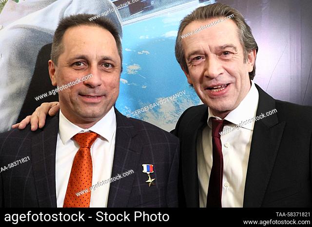 RUSSIA, MOSCOW - APRIL 12, 2023: Russian cosmonaut Anton Shkaplerov (L) and Russian actor Vladimir Mashkov, artistic director of Moscow's Oleg Tabakov Theatre