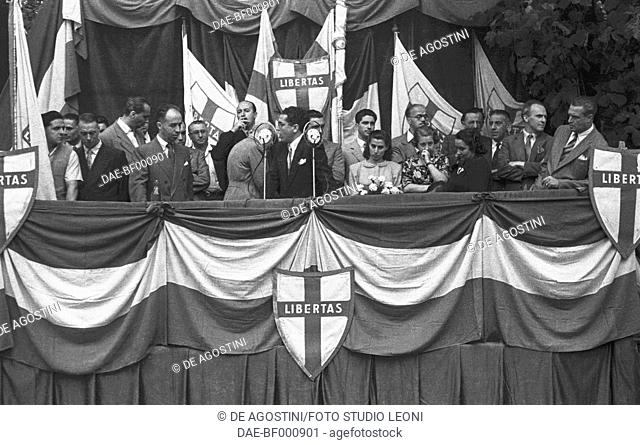 Paolo Emilio Taviani (left) on the stage during a Christian Democracy (Democrazia Cristiana) party rally, July 21, 1949, Genoa, Italy, 20th century