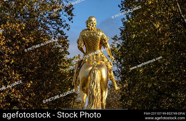 07 November 2023, Saxony, Dresden: In the morning, the sun shines on the ""Golden Horseman"", the larger-than-life equestrian statue of the 18th century Saxon...