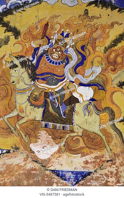 An ancient fresco of the Tibetan Buddhist deity Palden Lhamo painted on a wall at Thiksay Gompa in Ladakh, India. Palden Lhamo is a protecting Dharmapala of the...