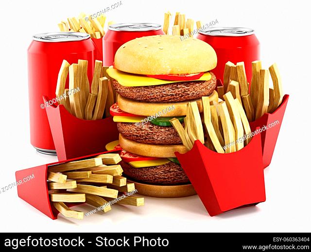 Triple sized hamburger, french fries and soda. 3D illustration