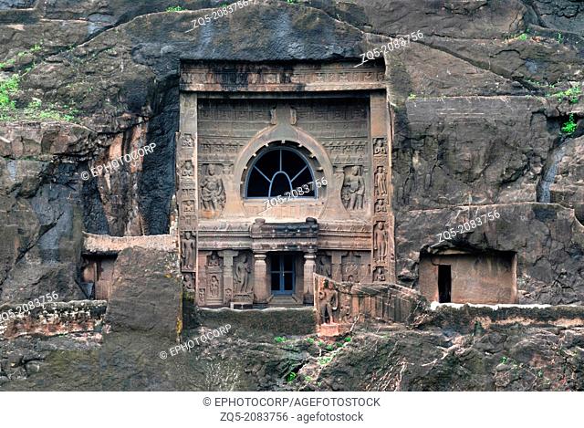 Cave 19: Façade of monastery or Chaitya - Long View. Ajanta Caves, Aurangabad, Maharashtra, India