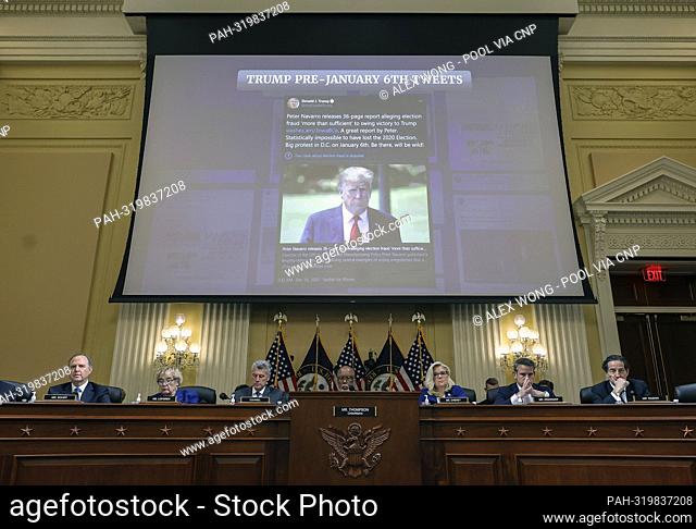 WASHINGTON, DC - OCTOBER 13: A Tweet from former United States President Donald Trump is displayed during a hearing by the House Select Committee to Investigate...