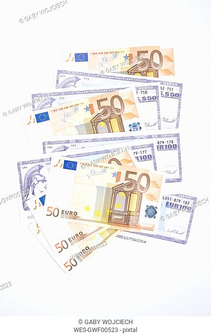 Traveller checks and european currency, elaveted view