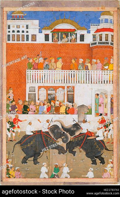 Shah Jahan Watching an Elephant Fight, Folio from a Padshahnama, probably 1639. Creator: Bulaqi