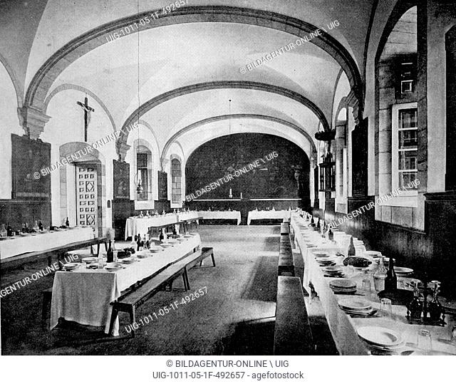 One of the first autotype photographs of the refectory of the monastery of loyola, spain, circa 1880