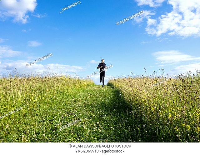 Mature male running through wildflower meadow at Cowpen Bewley Woodland Park, Billingham, Cleveland, England, United Kingdom