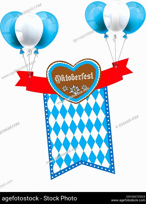 Heart with red banner, balloons and text