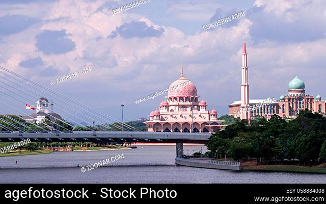 Cityscape of Putrajaya, the administrative capital of Malaysia. The famous pink mosque and the prime ministers office are architectonic highlights of Putrajaya