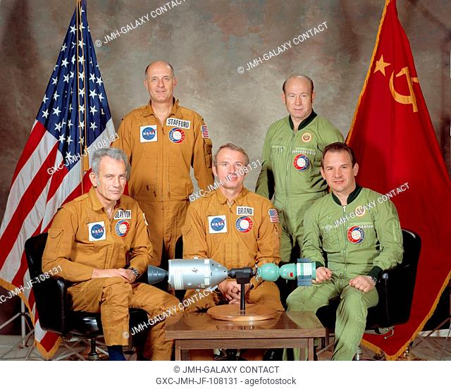 These five men compose the two prime crews of the joint United States-USSR Apollo-Soyuz Test Project (ASTP) docking mission in Earth orbit scheduled for July...