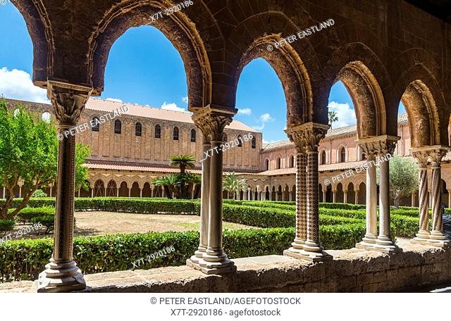 The Chiostro dei Benedettini, cloisters, in the cathedral complex at Monreale near Palermo, Sicily, Italy