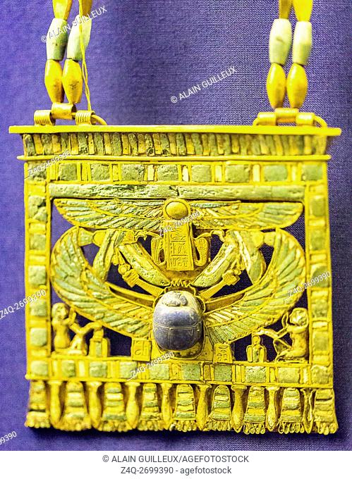 Egypt, Cairo, Egyptian Museum, jewellery found in the royal necropolis of Tanis, burial of Wendjebauendjed : Pectoral in the shape of a pylon