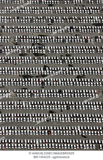 Aerial view, new cars, VW factory parking site, Volkswagen plant, Autostadt, Wolfsburg, Lower Saxony, Germany, Europe