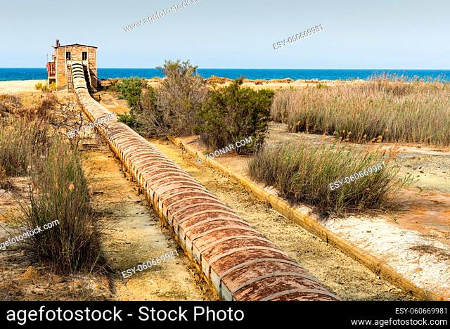 Abandoned old mining building and infrastructure to transfer the ore to ships sea for shipping at Xeros village, Northern Cyprus