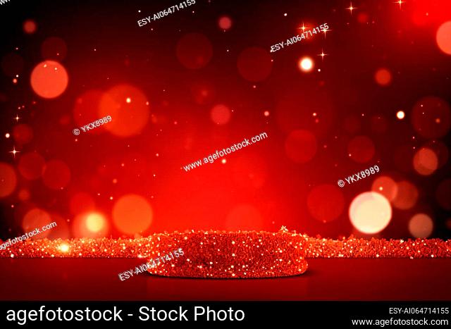Merry Christmas text on a sparkling red background with glowing lights