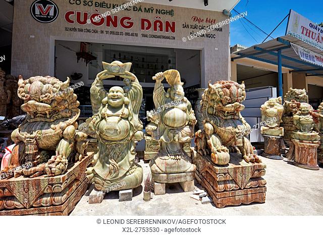 Marble statues displayed in front of a shop. The Marble Mountains, Da Nang, Vietnam