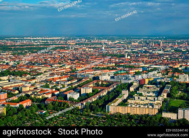 Aerial view of Munich center from Olympiaturm (Olympic Tower). Munich, Bavaria, Germany