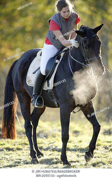 Young girl, 17 years, riding her horse, in autumn