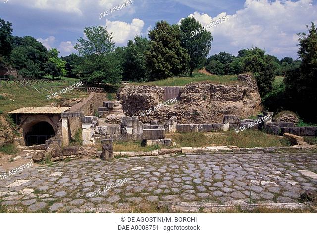Monumental tomb and a stretch of Via Flaminia, Ocriculum Archeological Park, Otricoli, Umbria, Italy, Roman civilization, 1st century BC-1st century AD