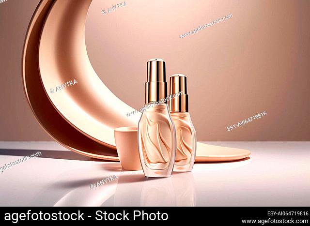 Bottles of makeup foundation and samples on beige background. Cosmetic product presentation. Luxury flying liquid in motion