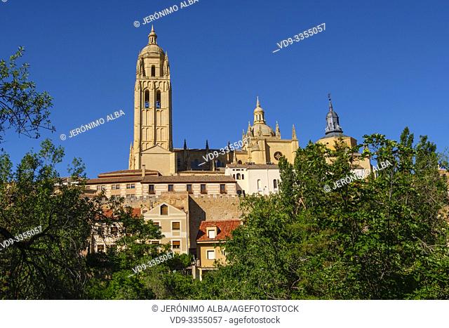 Exterior view. Late gothic architecture style, cathedral Santa Iglesia Catedral de Nuestra Señora de la Asunción y de San Frutos, Segovia city