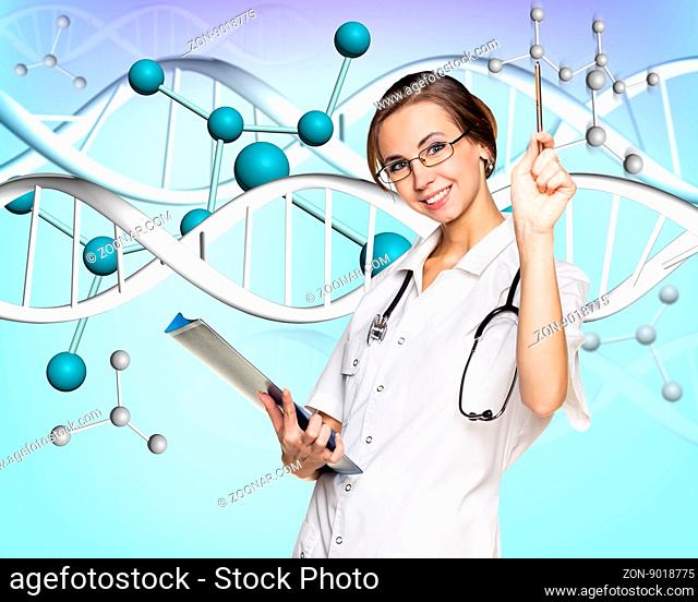 Female doctor in white coat and dna molecule formula over blue background