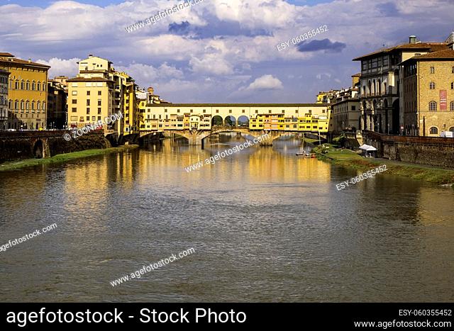 Ponte Vecchio over Arno River with its Colorful Little Houses Hanging - Florence, Tuscany, Italy