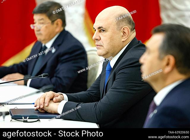 KYRGYZSTAN, BISHKEK - OCTOBER 26, 2023: Russia's Prime Minister Mikhail Mishustin (C) is seen during a meeting between Kyrgyzstan's President Japarov and the...