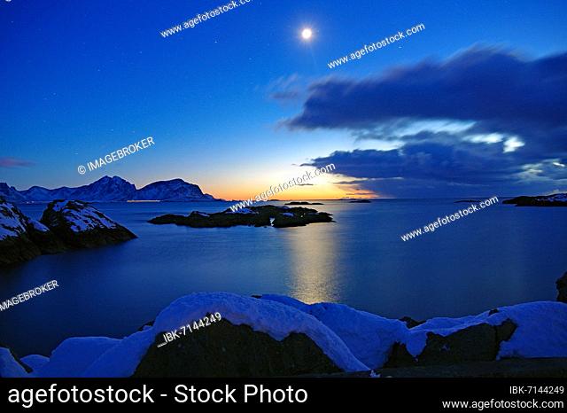 Full moon over fjord, winter landscape, Nyksund, Scandinavia, Norway, Europe