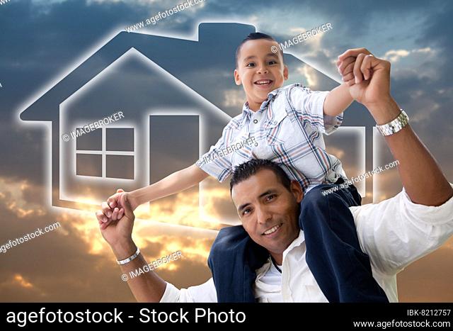 Happy hispanic father and son over clouds, sky and house icon