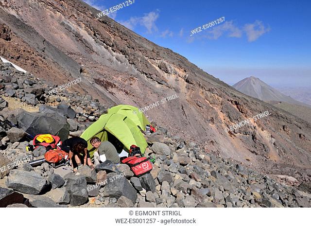 Turkey, Eastern Anatolia, Agri province, Mount Ararat National Park, Mountain climbers with tent at high camp