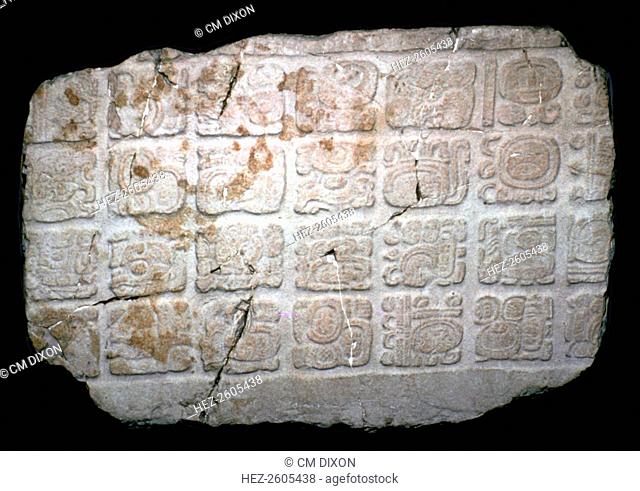 Mayan hieroglyphs on part of a door lintel from Naranjo in Guatemala. The glyphs give the date of 27th January AD 633