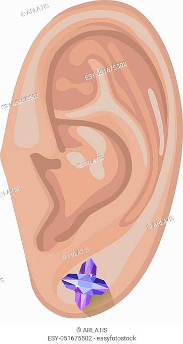 Human ear with an hanging earring front view, vector illustration isolated on white background