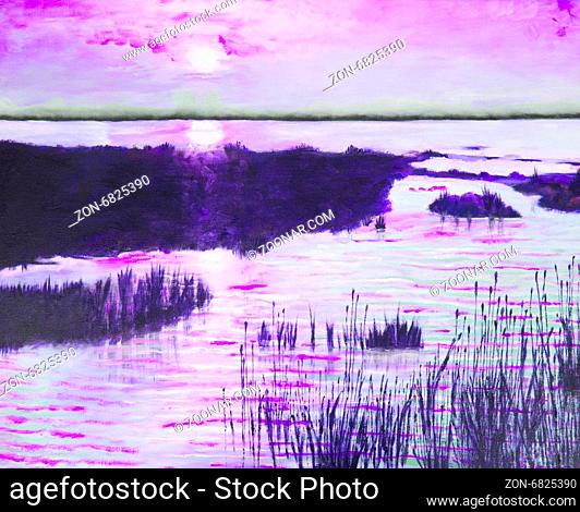 Original oil painting showing beautiful lake, Holland, purple