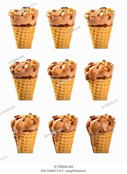 multi photos of chocolate flavor ice cream cone melting on a white backgrond