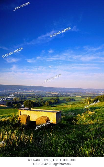 The early morning view over the Yeo Valley & Wrington Vale from farmland at the village of Redhill Somerset England