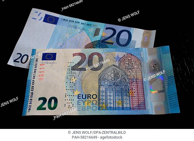 A prototype of the new 20 euro banknote and the customary 30 euro note in a Bundesbank branch in Magdeburg,  Germany, 06 May 2015