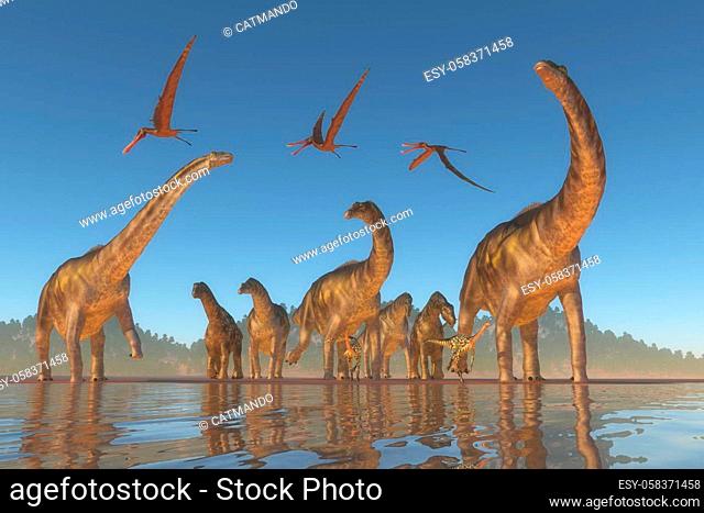 An Argentinosaurus and Deinocheirus herd gets upset when a flock of Anhanguera reptiles fly to close to them